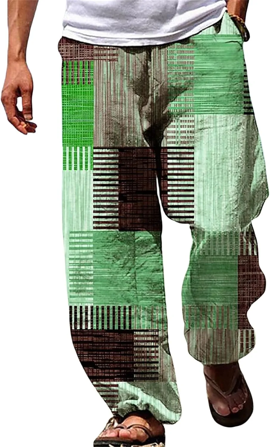 Men's Casual Linen Pants Tall Printed Drawstring Elastic Waist Straight Leg Trouser Summer Beach Yoga Baggy Pants