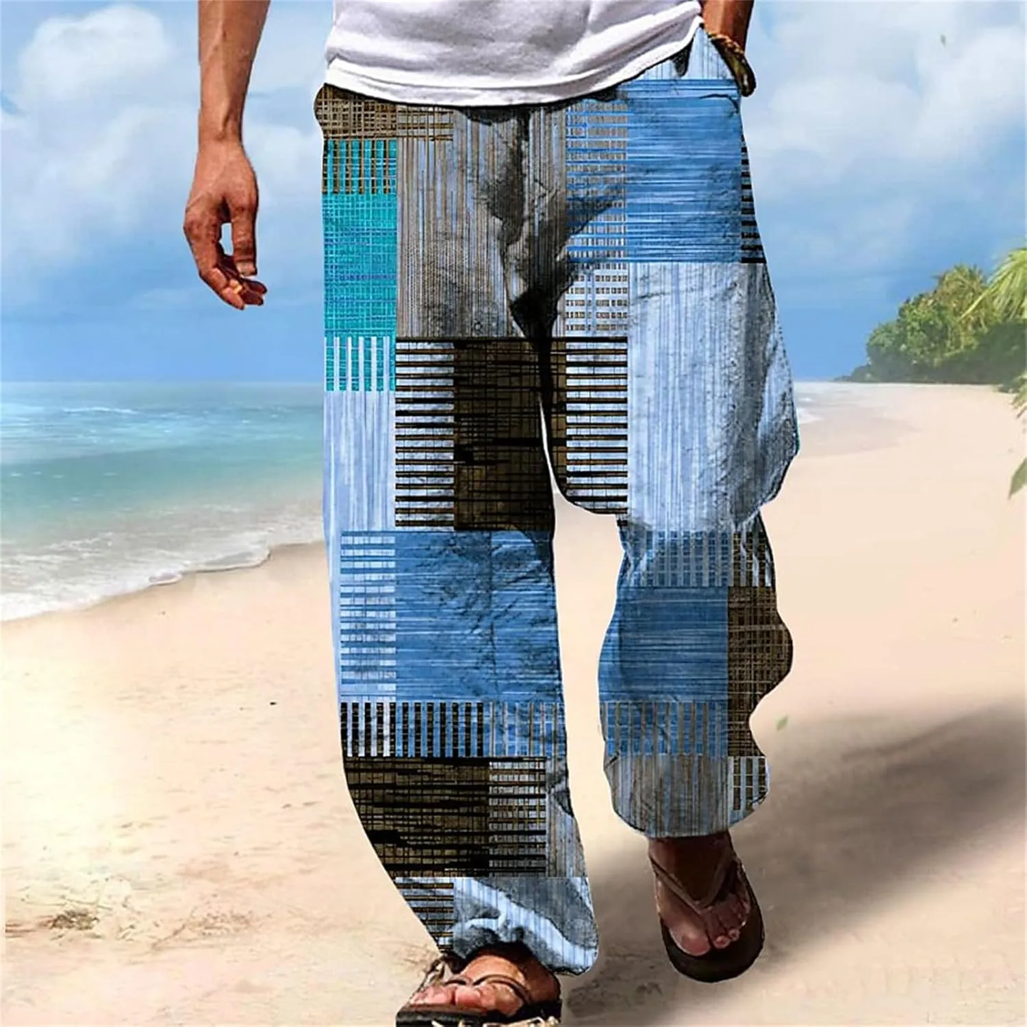 Men's Casual Linen Pants Tall Printed Drawstring Elastic Waist Straight Leg Trouser Summer Beach Yoga Baggy Pants