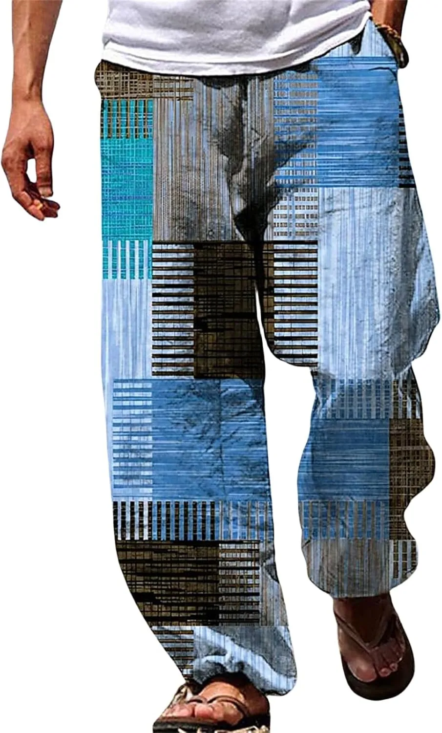 Men's Casual Linen Pants Tall Printed Drawstring Elastic Waist Straight Leg Trouser Summer Beach Yoga Baggy Pants