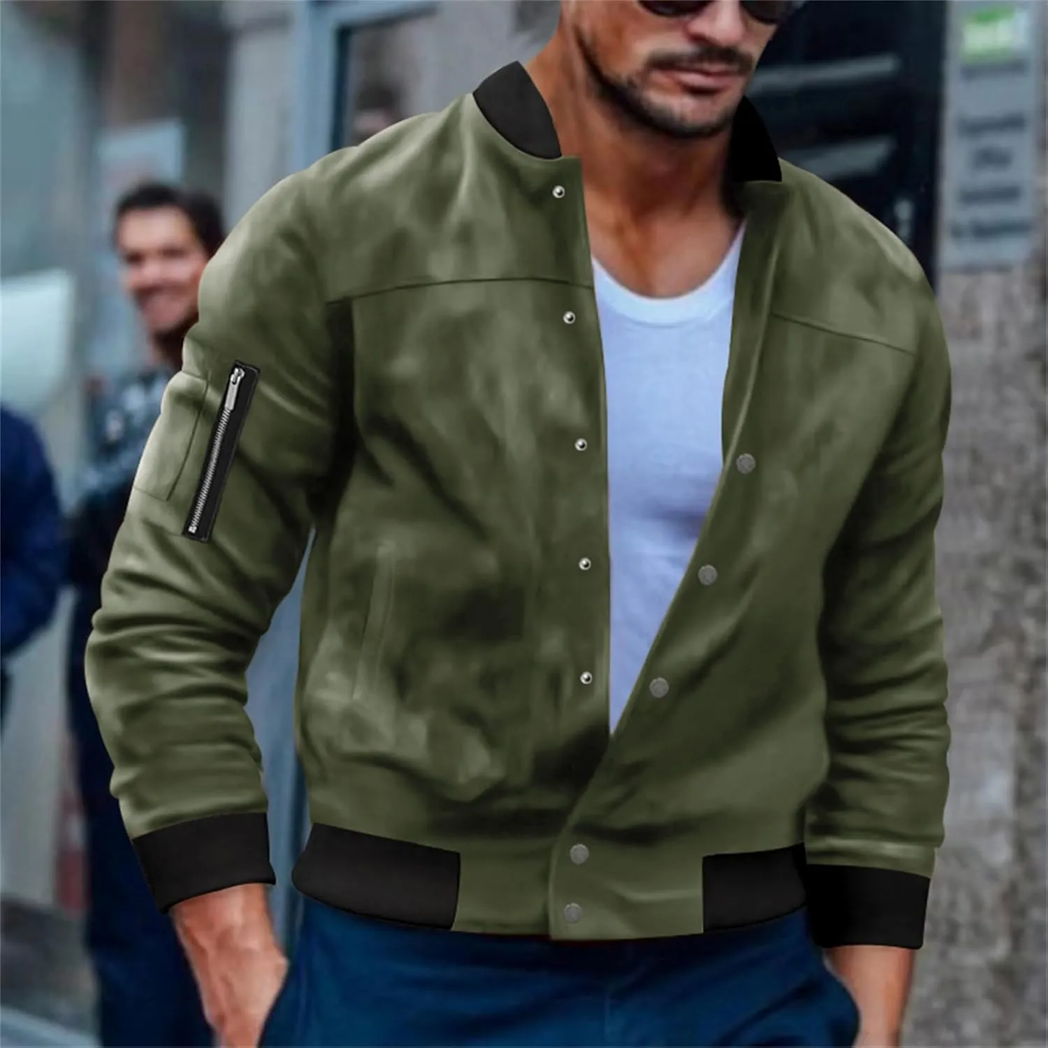 Men's Casual Suede Bomber Jacket Lightweight Snap Button Down Jackets Vintage Faux Leather Jacket for Men