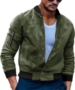 Men's Casual Suede Bomber Jacket Lightweight Snap Button Down Jackets Vintage Faux Leather Jacket for Men