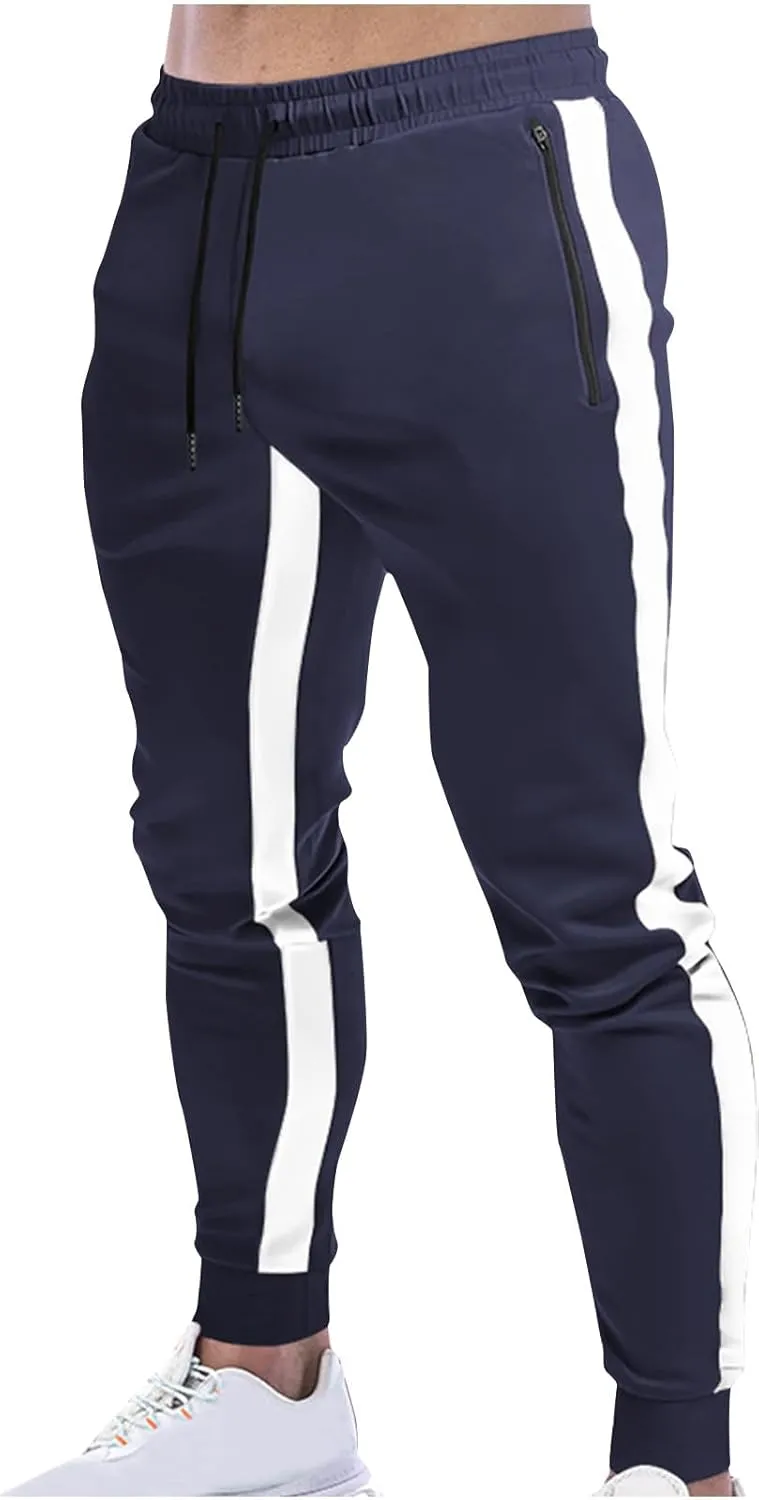 Men's Casual Sweatpants Slim Fit Joggers Pant Drawstring Side Stripes Gym Training Workout Trousers with Zip Pockets