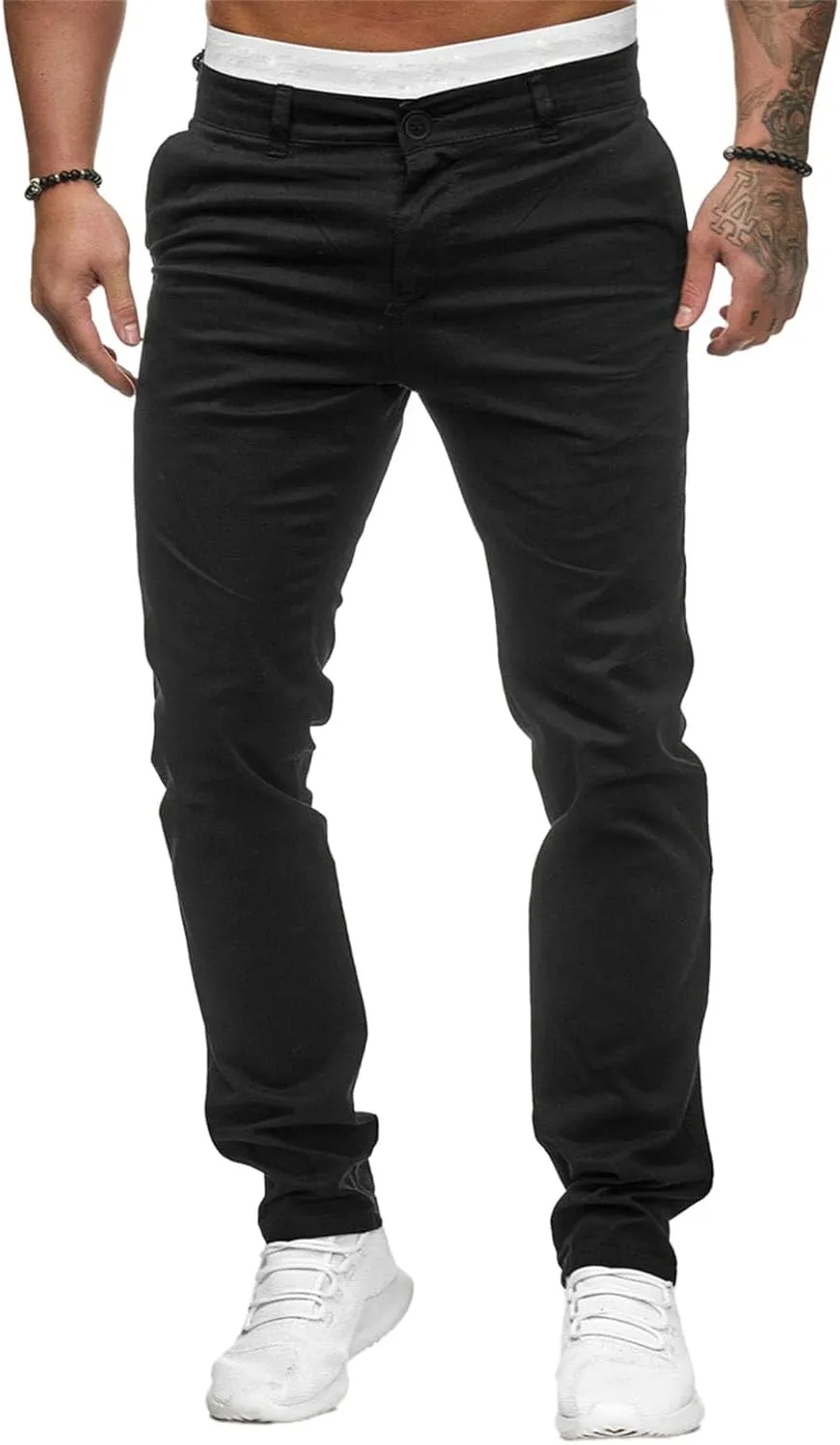 Men's Chino Pants Solid Stretch Skinny Cargo Pants Straight Leg Casual Trouser Slim Fit Tapered Trousers with Pockets