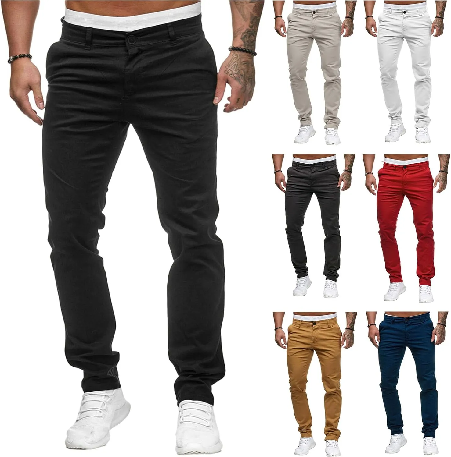 Men's Chino Pants Solid Stretch Skinny Cargo Pants Straight Leg Casual Trouser Slim Fit Tapered Trousers with Pockets
