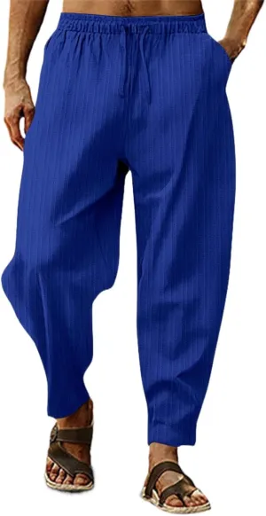 Men's Cotton Linen Harem Pants Loose Elastic Waist Lightweight Yoga Beach Pants Casual Cropped Trousers with Pockets