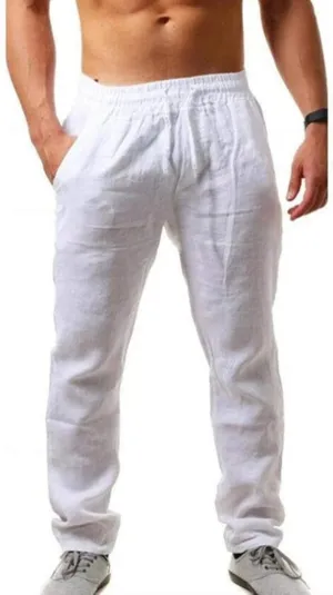 Mens Cotton Linen Pants Elastic Waist Drawstring Lightweight Summer Loose Hippie Yoga Beach Pants Trouser with Pocket