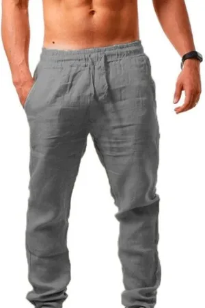 Mens Cotton Linen Pants Elastic Waist Drawstring Lightweight Summer Loose Hippie Yoga Beach Pants Trouser with Pocket