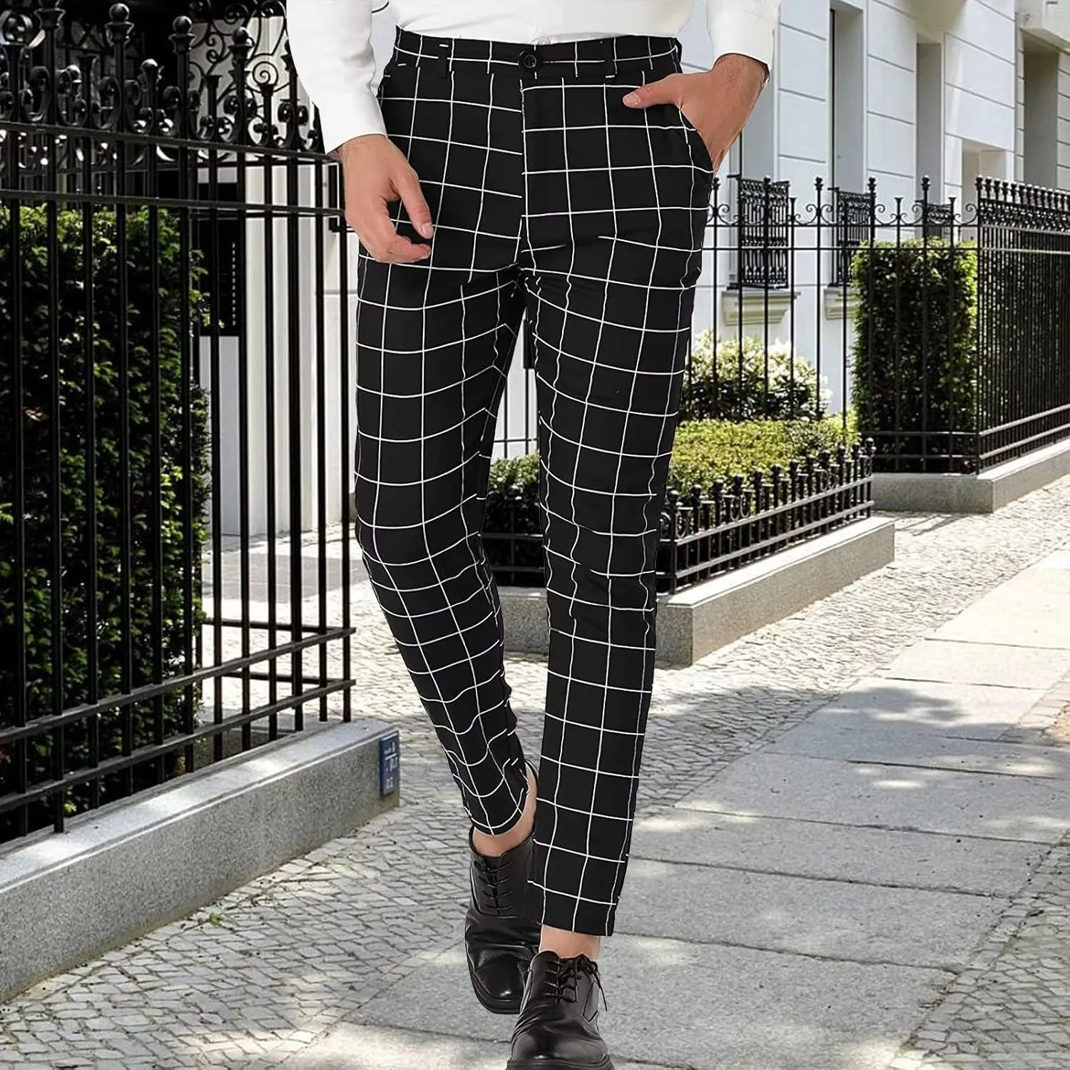 Men's Dress Pants Plaid Skinny Slim Fit Dress Pants Stretch Regular Fit Business Casual Fashion Golf Pencil Chinos Pants