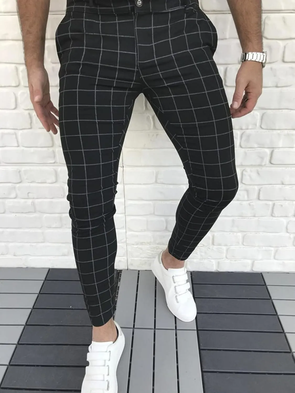 Men's Dress Pants Plaid Skinny Slim Fit Dress Pants Stretch Regular Fit Business Casual Fashion Golf Pencil Chinos Pants
