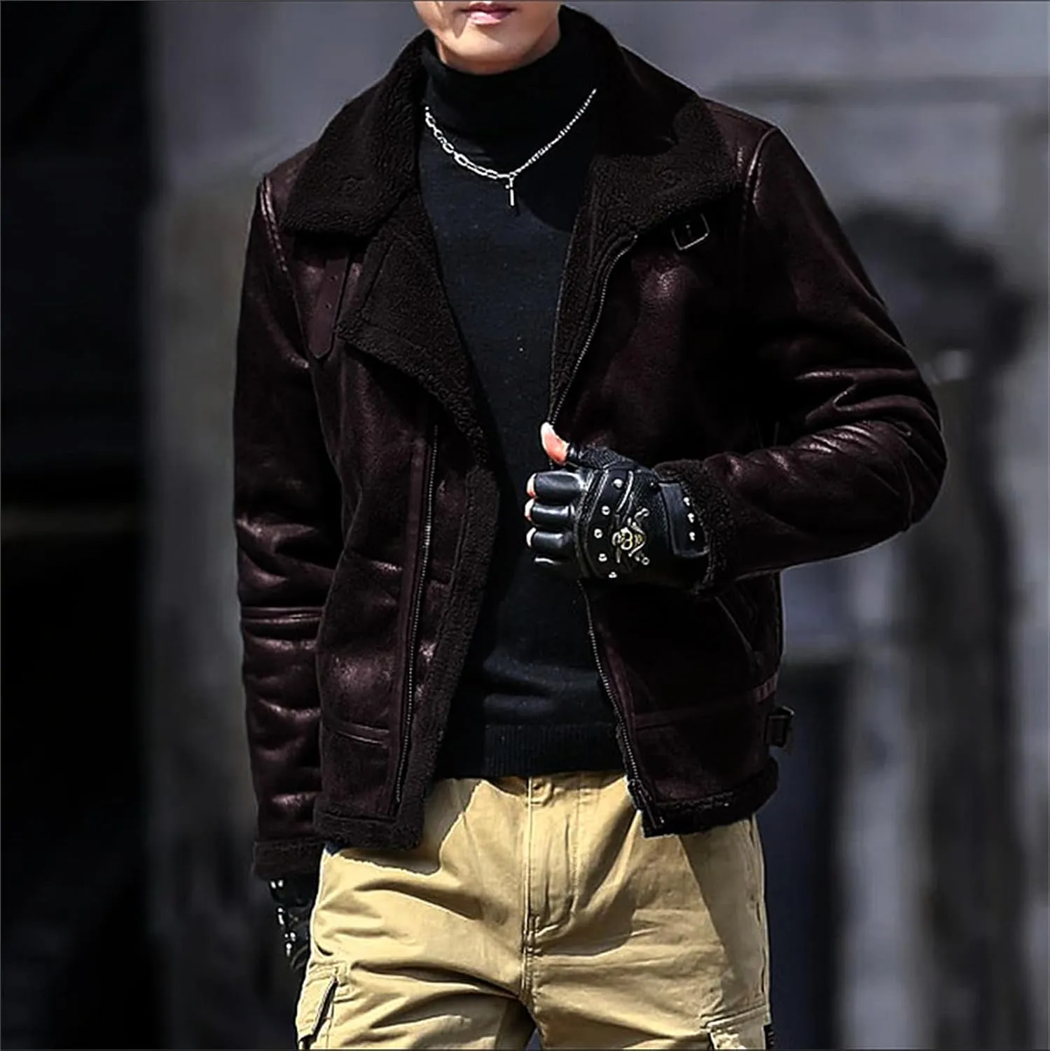 Men's Faux Leather Bomber Jacket Fleece Lined Motorcycle Jacket Waterproof Windproof Suede Moto Vintage Jackets Men