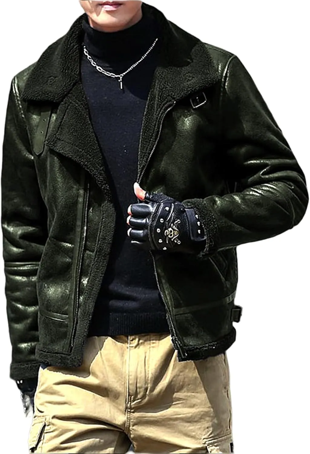 Men's Faux Leather Bomber Jacket Fleece Lined Motorcycle Jacket Waterproof Windproof Suede Moto Vintage Jackets Men