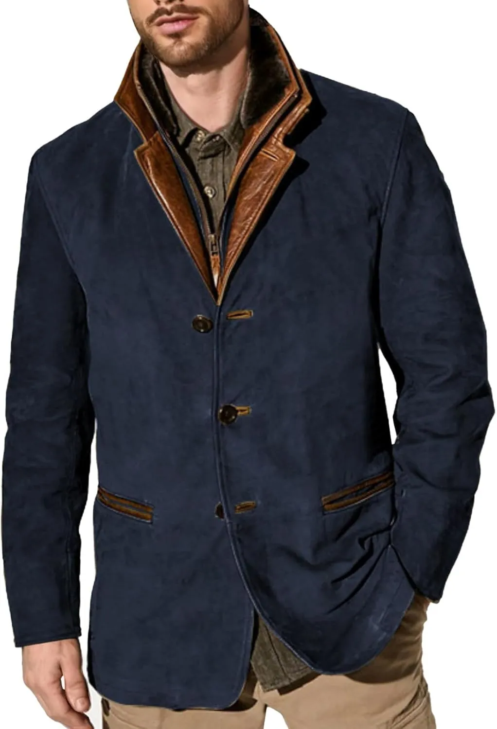 Men's Faux Leather Jacket Double Lapel Casual Work Cargo Jacket Vintage Style Leather Blazer Windproof Coat with Button