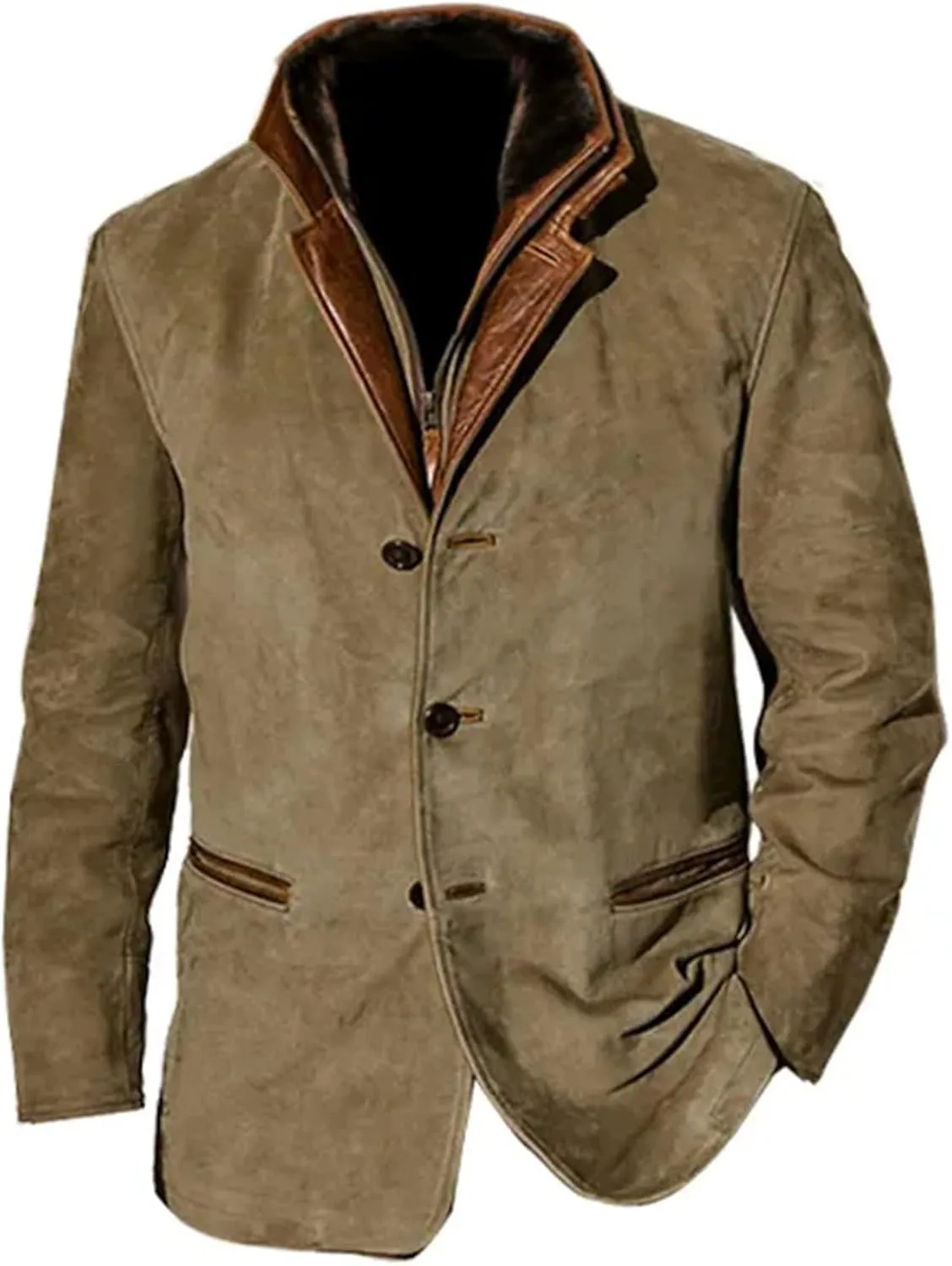 Men's Faux Leather Jacket Double Lapel Casual Work Cargo Jacket Vintage Style Leather Blazer Windproof Coat with Button