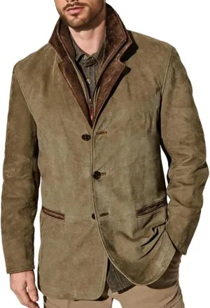 Men's Faux Leather Jacket Double Lapel Casual Work Cargo Jacket Vintage Style Leather Blazer Windproof Coat with Button