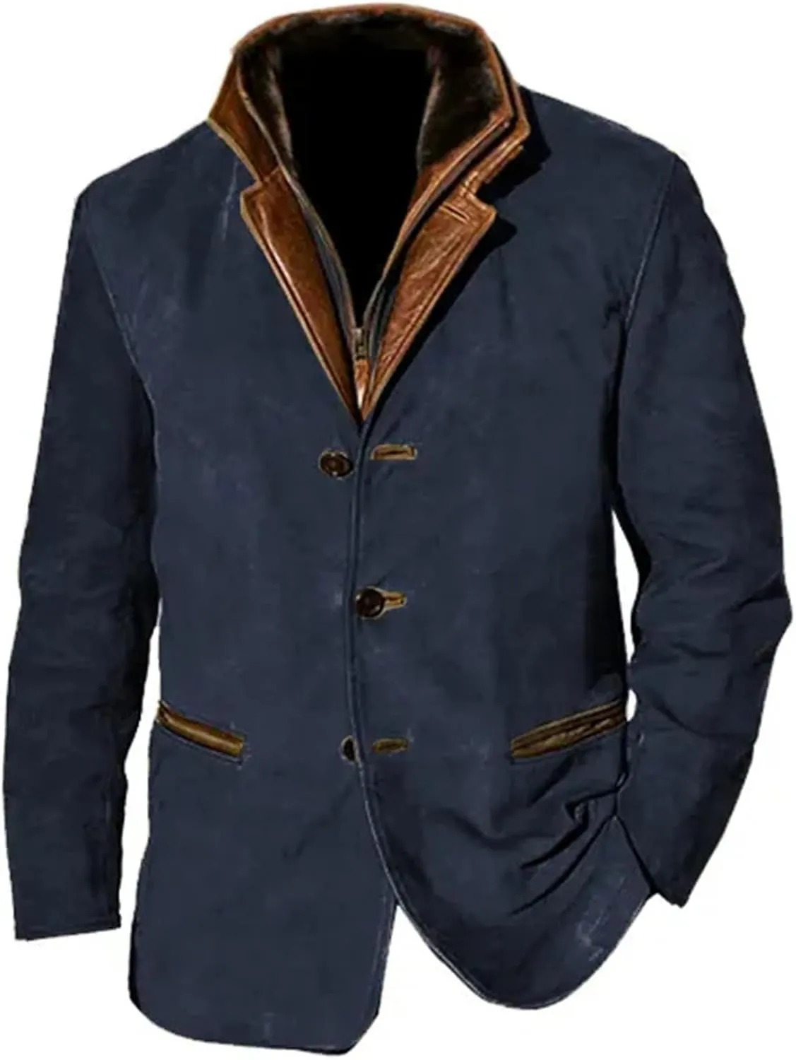 Men's Faux Leather Jacket Double Lapel Casual Work Cargo Jacket Vintage Style Leather Blazer Windproof Coat with Button