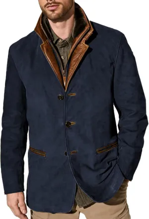Men's Faux Leather Jacket Double Lapel Casual Work Cargo Jacket Vintage Style Leather Blazer Windproof Coat with Button