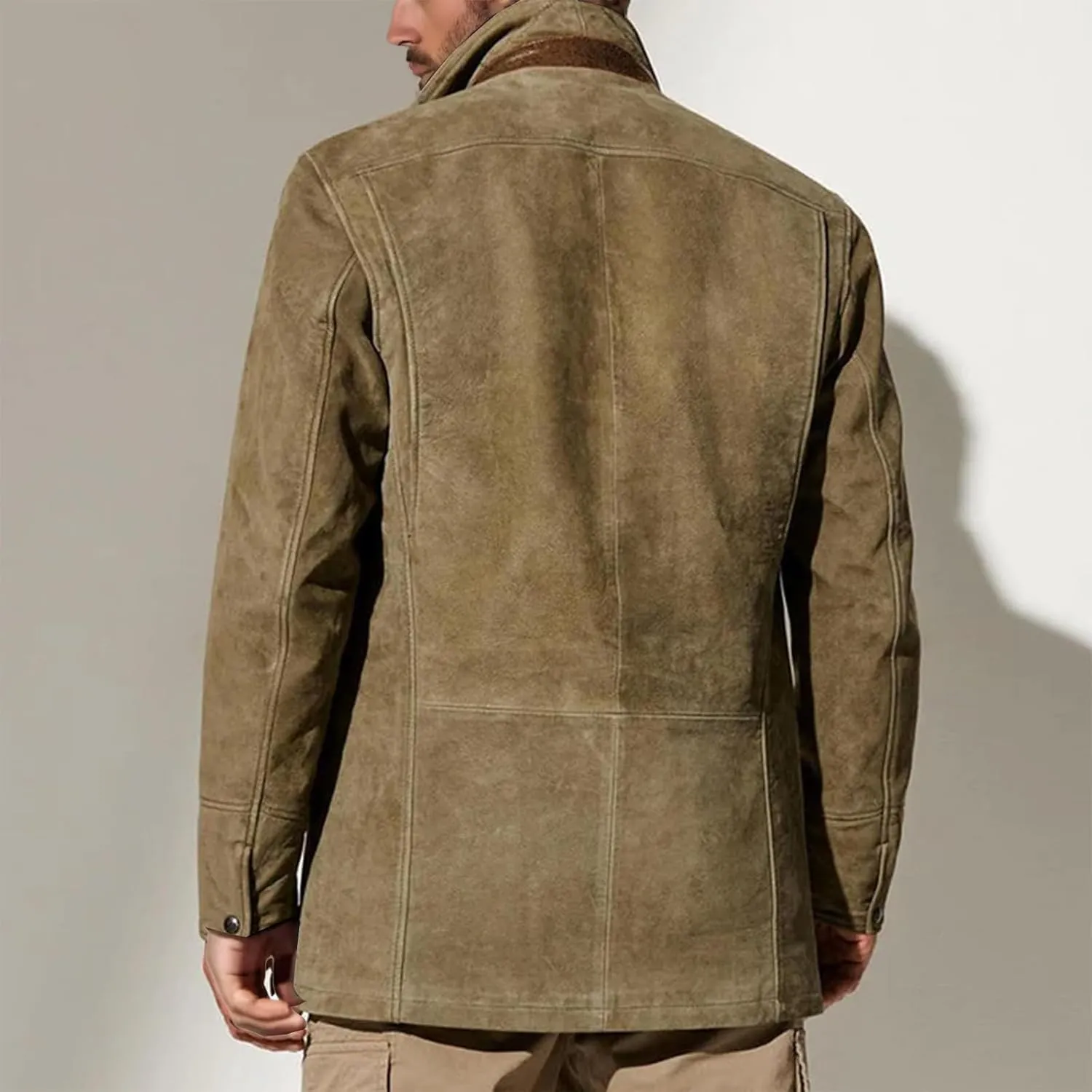 Men's Faux Leather Jacket Double Lapel Casual Work Cargo Jacket Vintage Style Leather Blazer Windproof Coat with Button