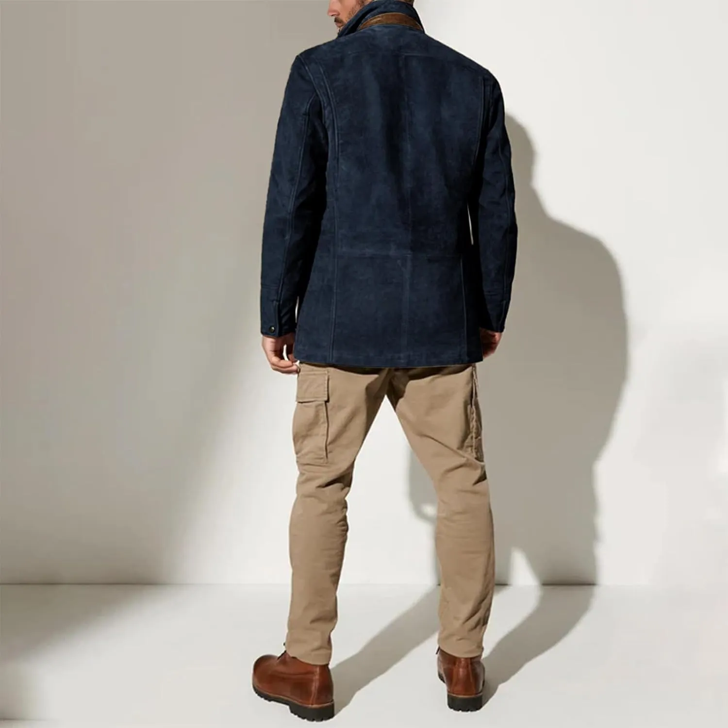 Men's Faux Leather Jacket Double Lapel Casual Work Cargo Jacket Vintage Style Leather Blazer Windproof Coat with Button