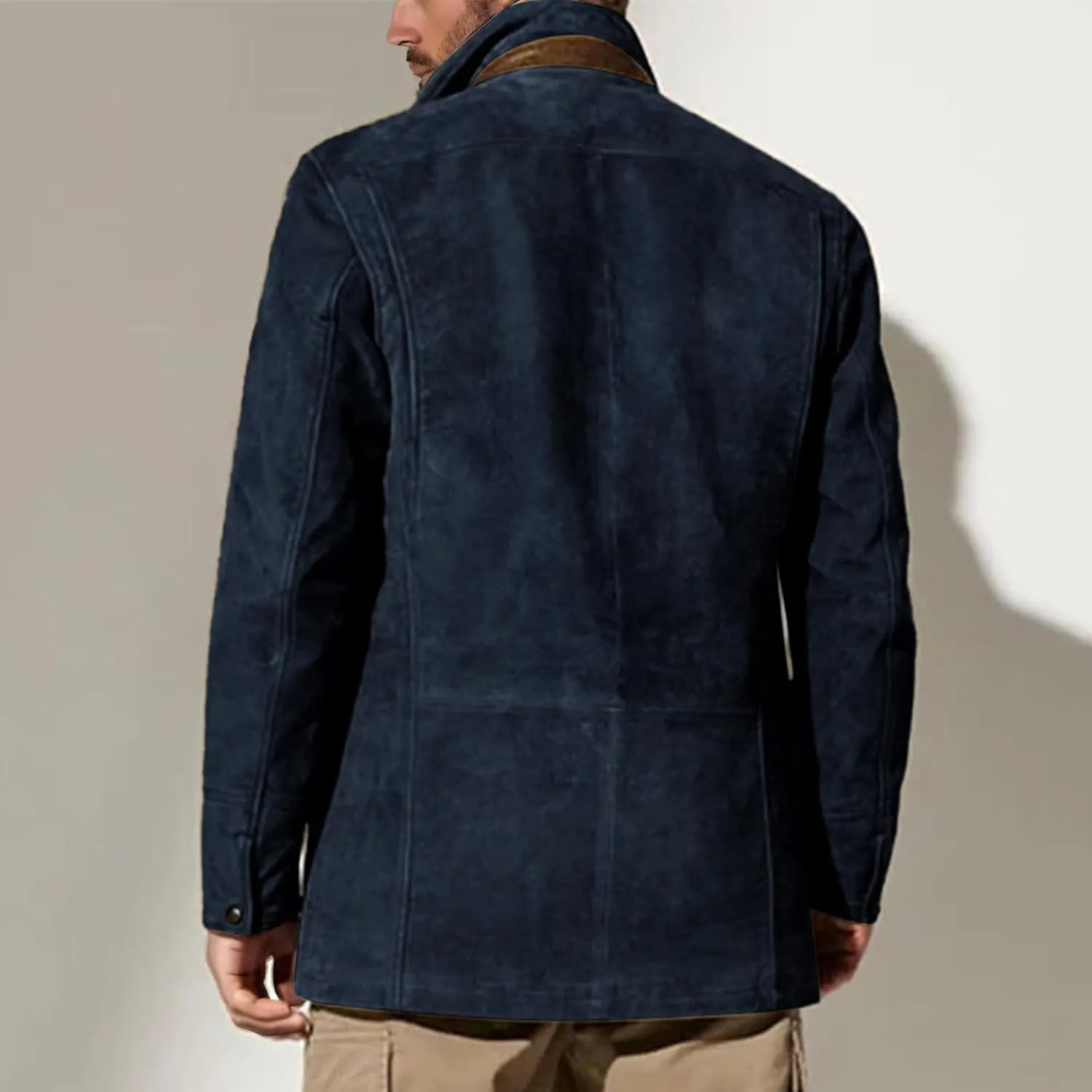 Men's Faux Leather Jacket Double Lapel Casual Work Cargo Jacket Vintage Style Leather Blazer Windproof Coat with Button