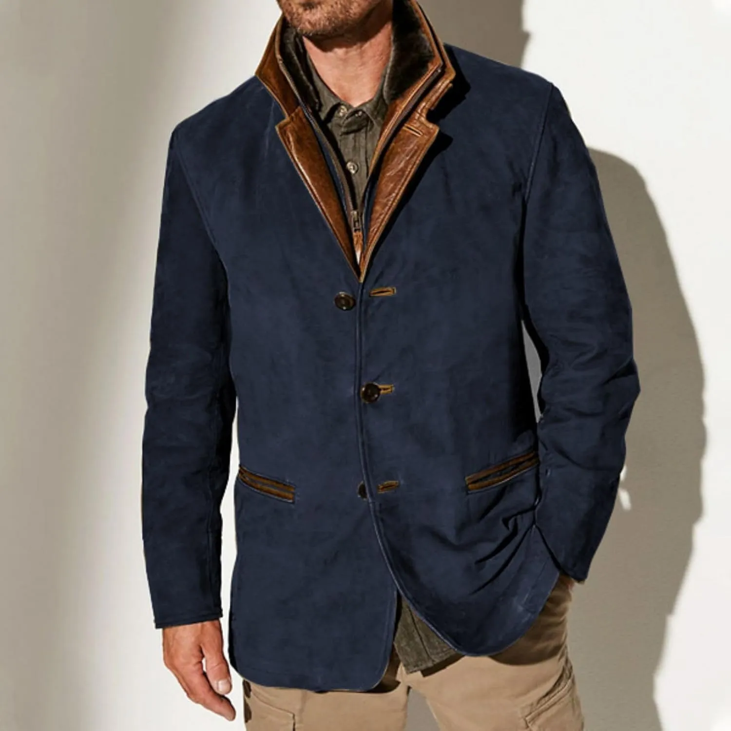 Men's Faux Leather Jacket Double Lapel Casual Work Cargo Jacket Vintage Style Leather Blazer Windproof Coat with Button