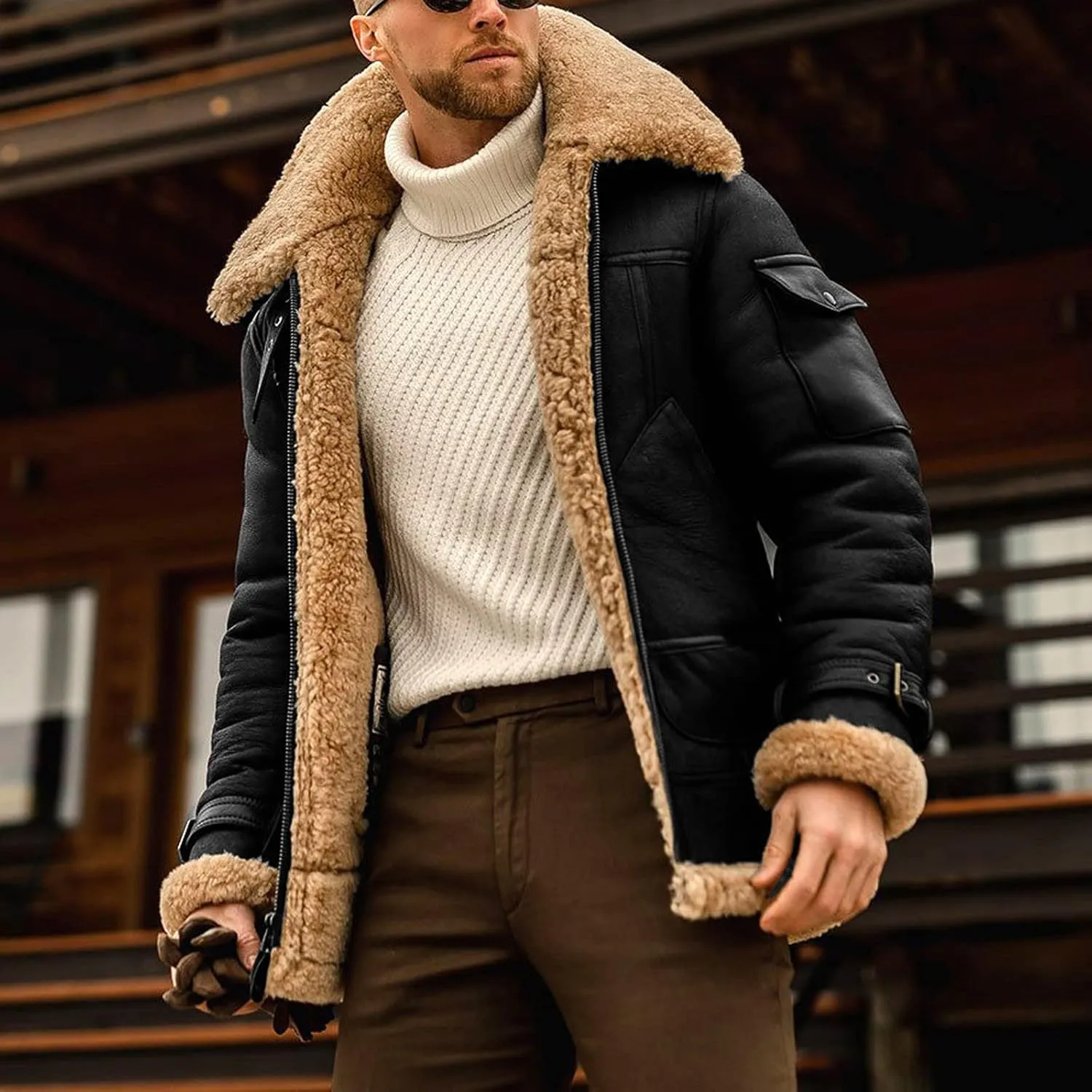 Men's Faux Leather Jacket Suede Fleece Lined Coat Lapel Motorcycle Trucker Outerwear 2024 Winter Warm Outfits