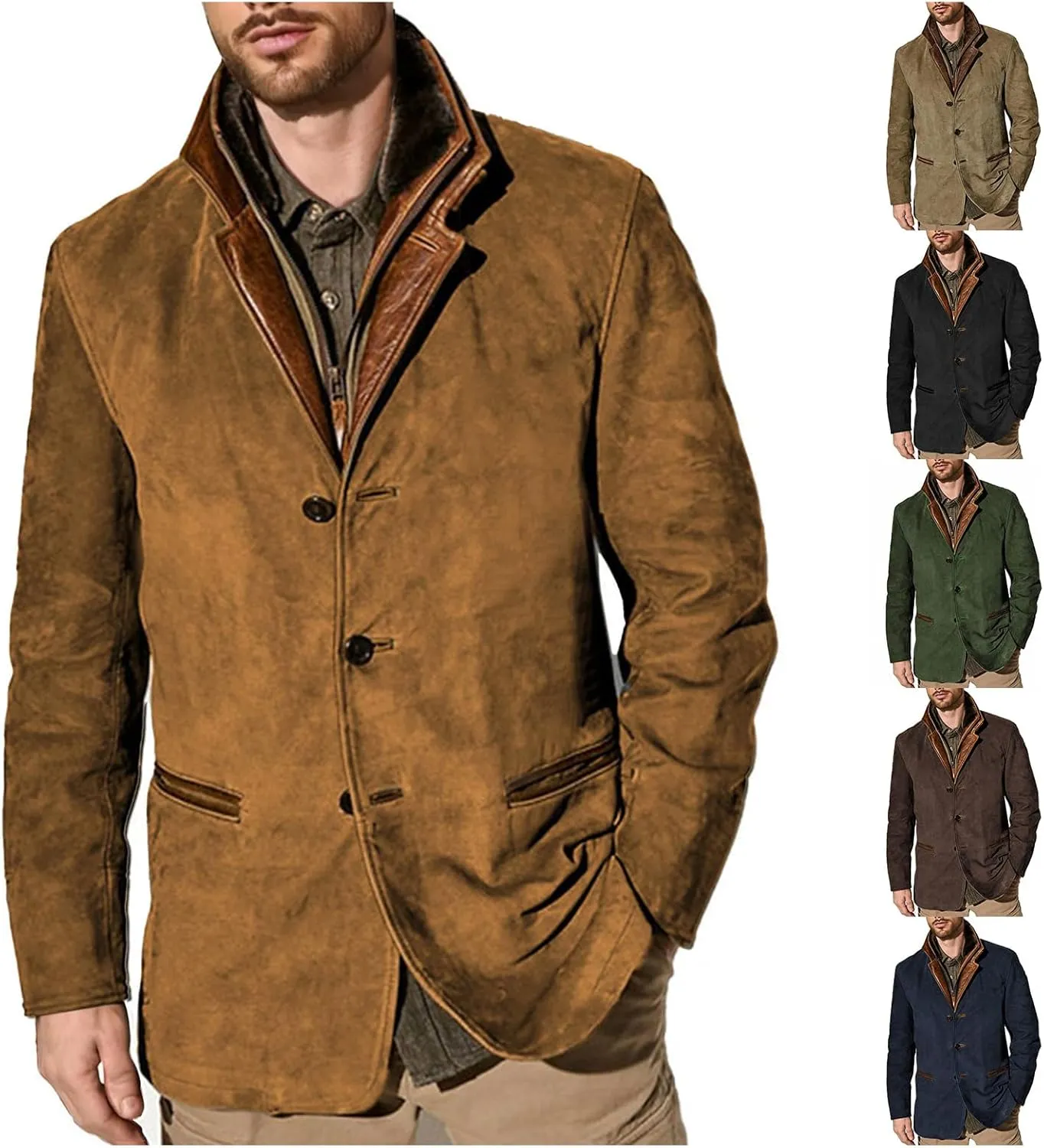 Mens Faux Suede Blazer Leather Suit Jacket Distressed Notch Lapel Buttons Sport Coat Zip Vintage Work Wear with Pockets