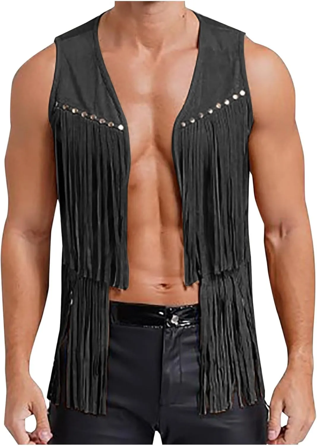 Men's Faux Suede Vest V Neck Fringe Sleeveless Western Cowboy Open Front Vest Party Club Waistcoat Jacket Tops