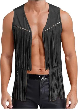 Men's Faux Suede Vest V Neck Fringe Sleeveless Western Cowboy Open Front Vest Party Club Waistcoat Jacket Tops