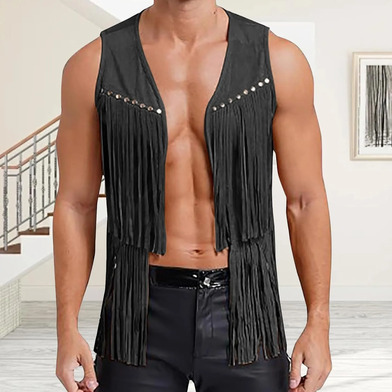 Men's Faux Suede Vest V Neck Fringe Sleeveless Western Cowboy Open Front Vest Party Club Waistcoat Jacket Tops