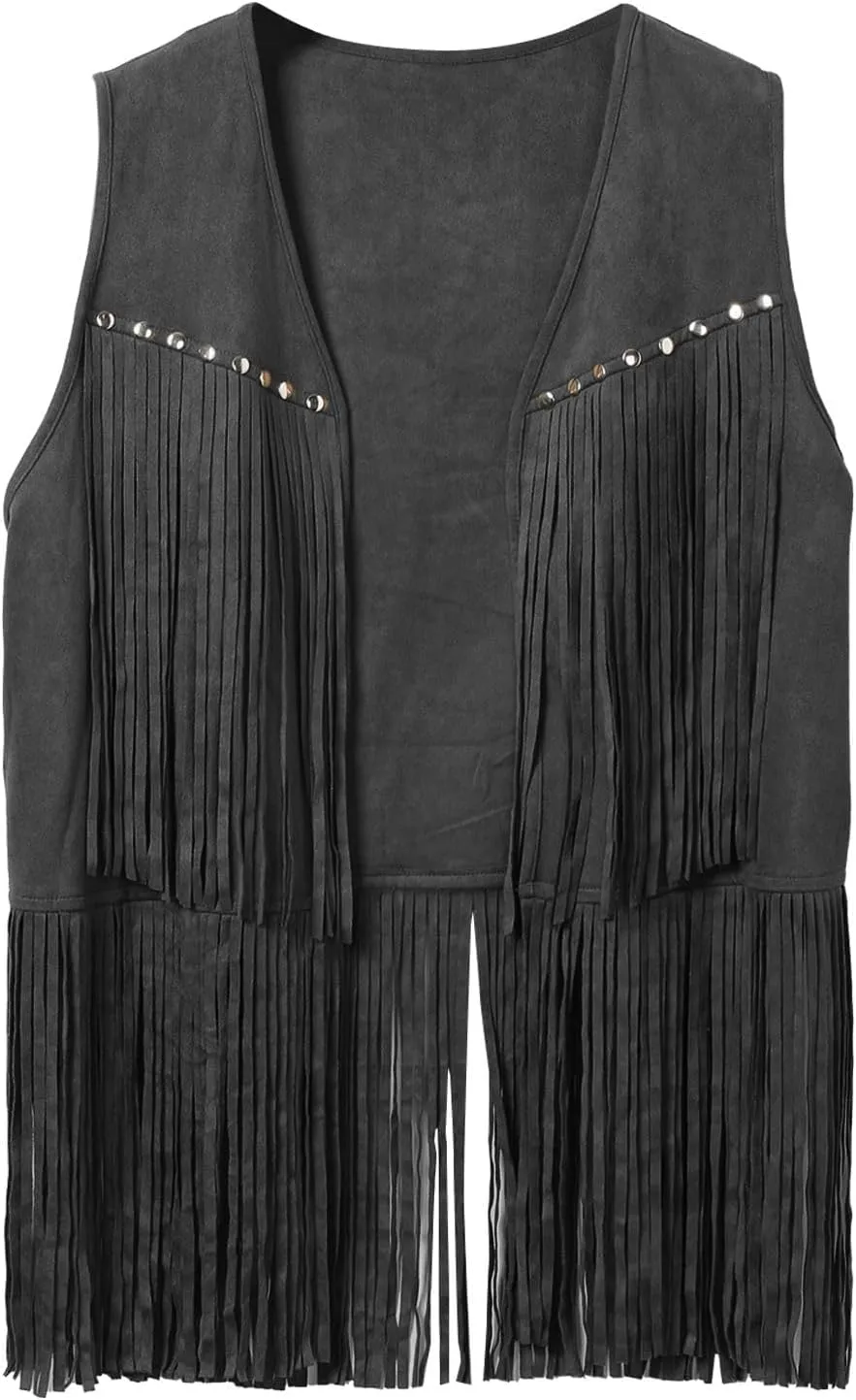 Men's Faux Suede Vest V Neck Fringe Sleeveless Western Cowboy Open Front Vest Party Club Waistcoat Jacket Tops