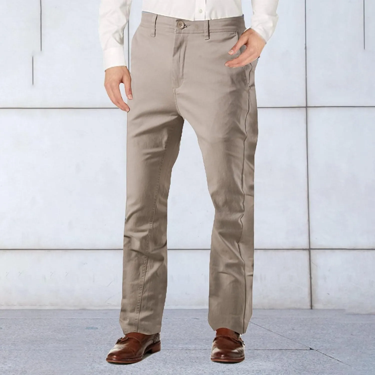 Mens Fleece Chino Carpenter Pants Big&Tall Elastic Waist Flat Front Casual Smart Business Trousers Winter Work Pant Plus Size
