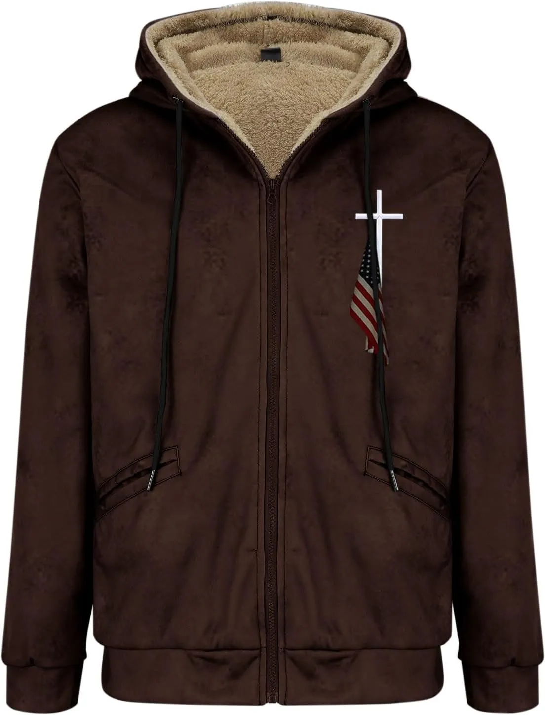 Mens Fleece Jacket 3D Printed Flag Hooded Brown Zipper Personalized Casual Cotton Jacket Men Shorts China Jacket Men