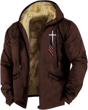 Mens Fleece Jacket 3D Printed Flag Hooded Brown Zipper Personalized Casual Cotton Jacket Men Shorts China Jacket Men