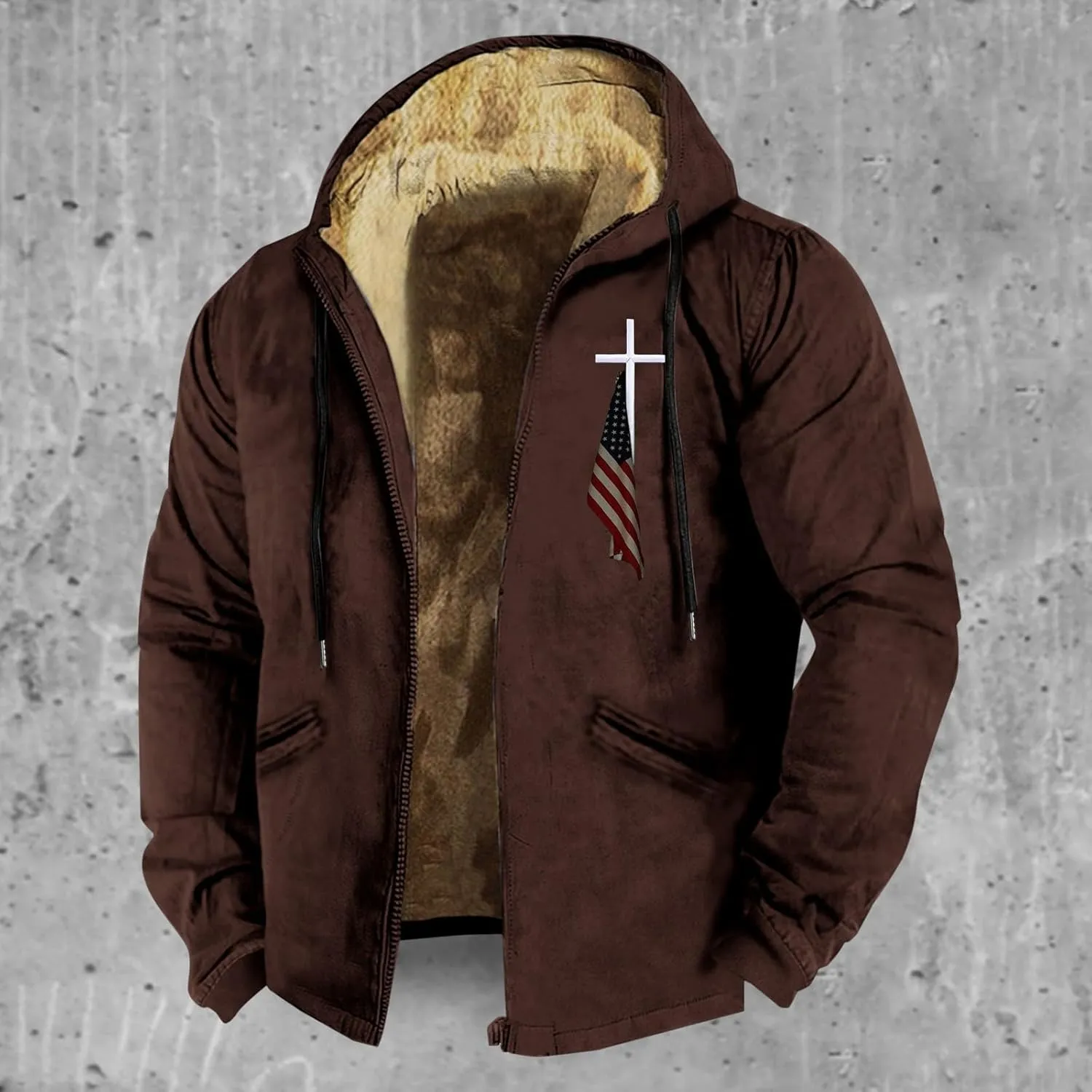 Mens Fleece Jacket 3D Printed Flag Hooded Brown Zipper Personalized Casual Cotton Jacket Men Shorts China Jacket Men