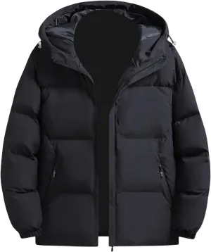 Men's Hooded Winter Coat Casual Thicken Cotton Warm Hooded Puffer Jacket Quilted Zipper Padded Down Coats with Pocket