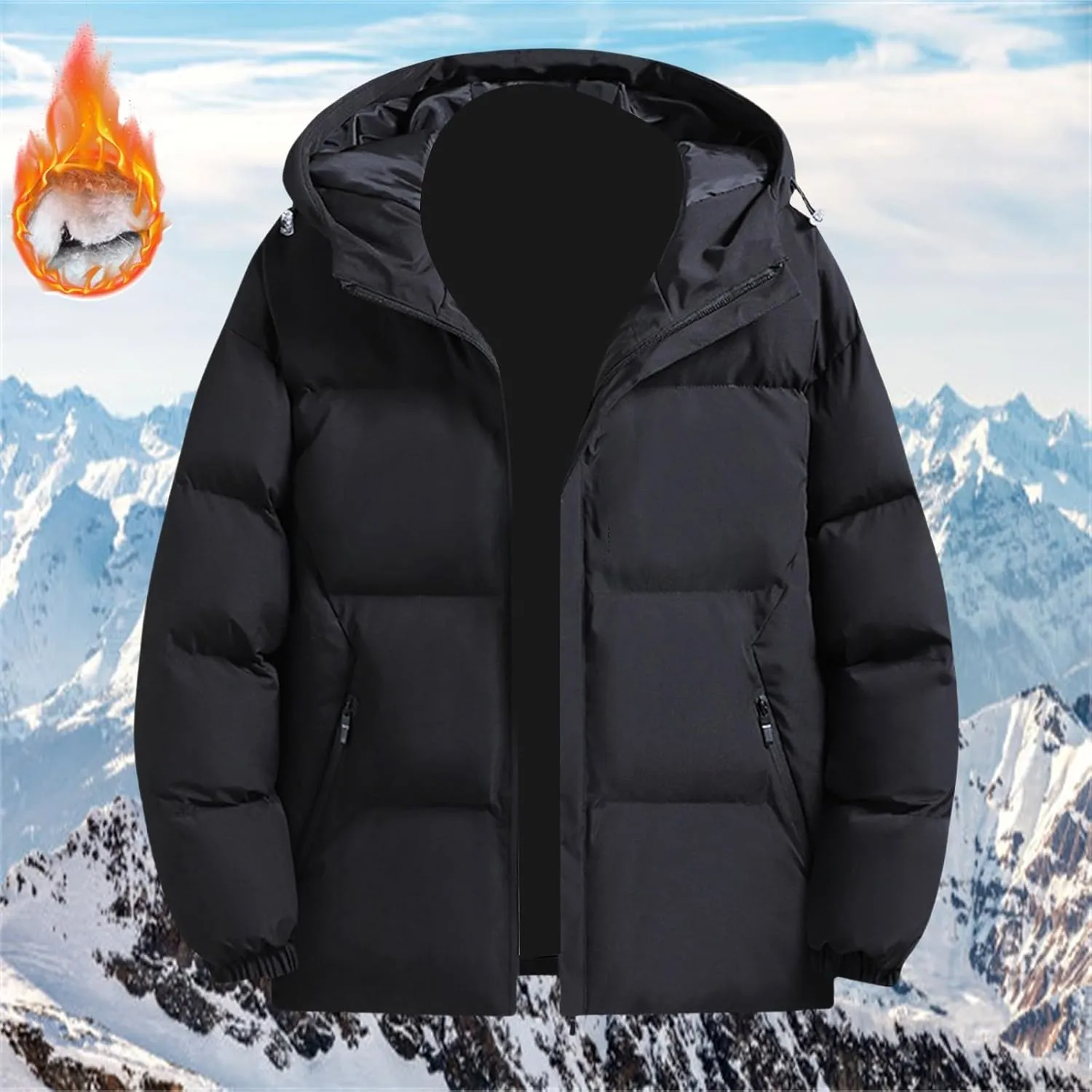 Men's Hooded Winter Coat Casual Thicken Cotton Warm Hooded Puffer Jacket Quilted Zipper Padded Down Coats with Pocket