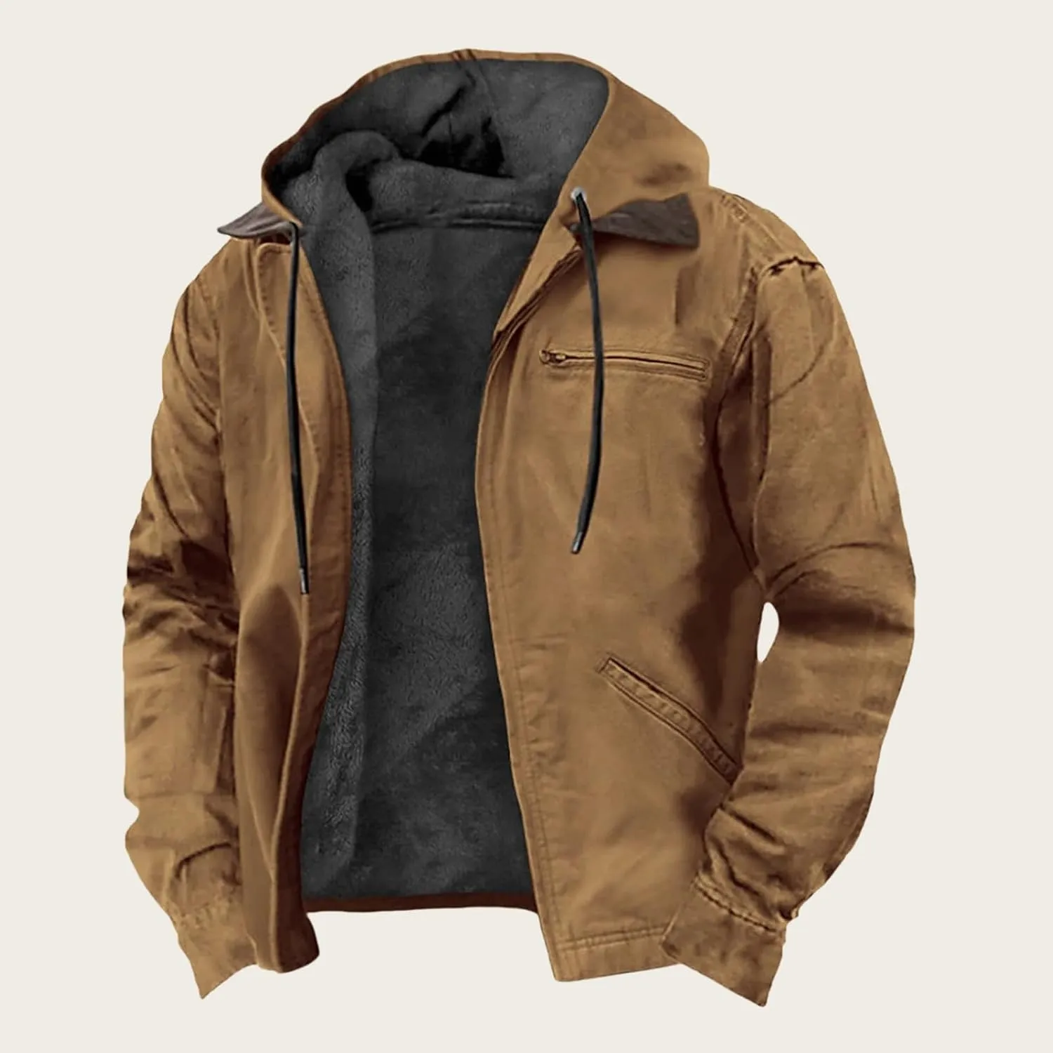 Men's Jacket Padded Velvet Cotton Hoodie Zip Up Long Sleeve Coat Casual Fleece Sherpa Lined Outwear with Pocket