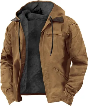 Men's Jacket Padded Velvet Cotton Hoodie Zip Up Long Sleeve Coat Casual Fleece Sherpa Lined Outwear with Pocket