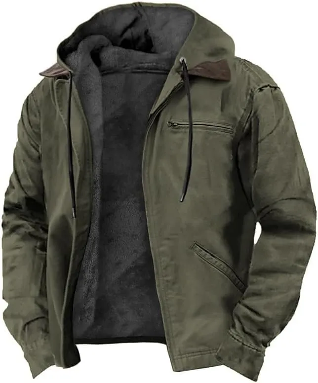 Men's Jacket Padded Velvet Cotton Hoodie Zip Up Long Sleeve Coat Casual Fleece Sherpa Lined Outwear with Pocket