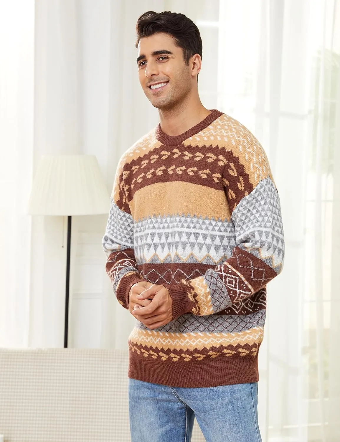 Mens Knit Sweater Grandpa Vintage Knitted Sweaters Oversized Striped Spring Pullover Casual Long Sleeve Pullovers