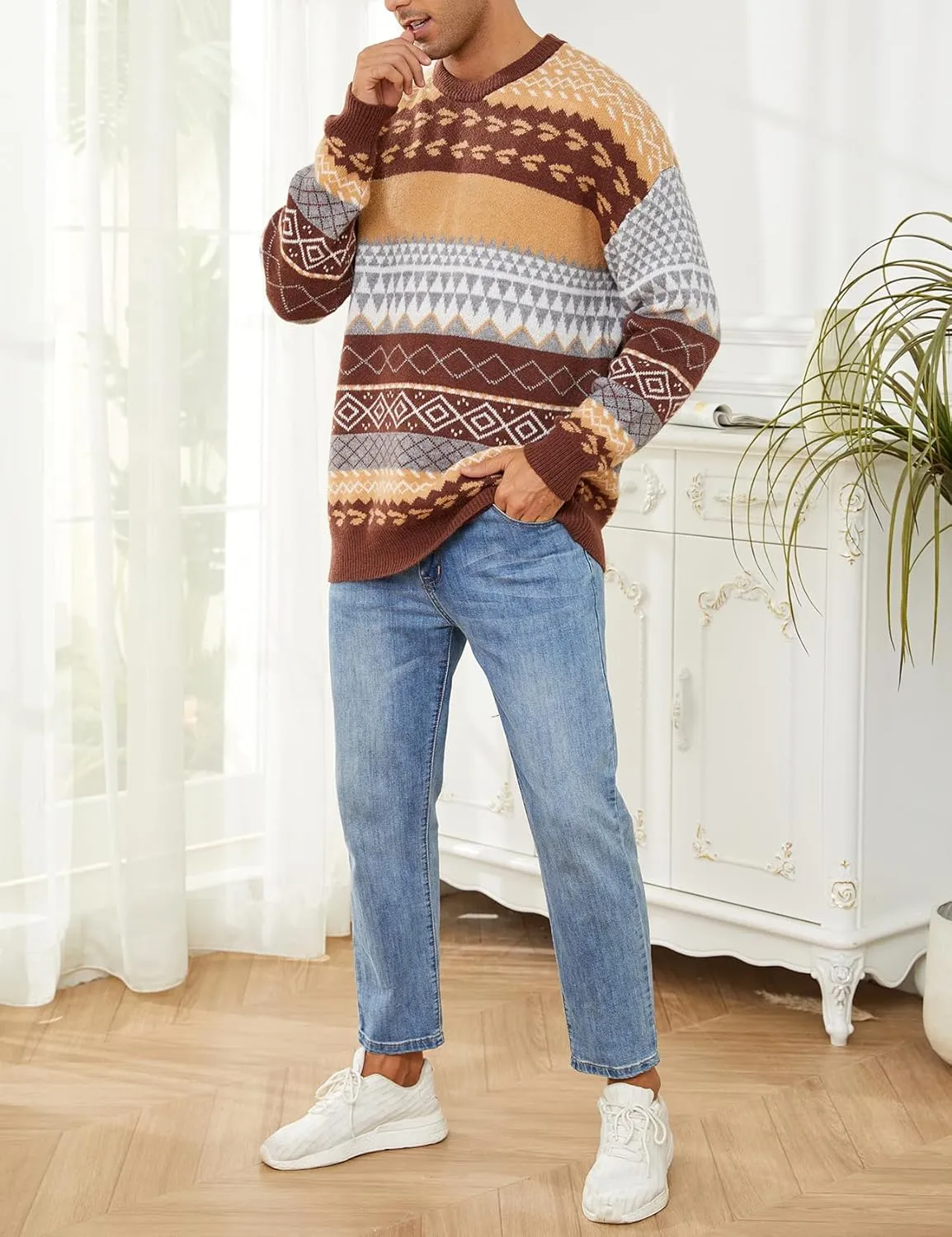 Mens Knit Sweater Grandpa Vintage Knitted Sweaters Oversized Striped Spring Pullover Casual Long Sleeve Pullovers