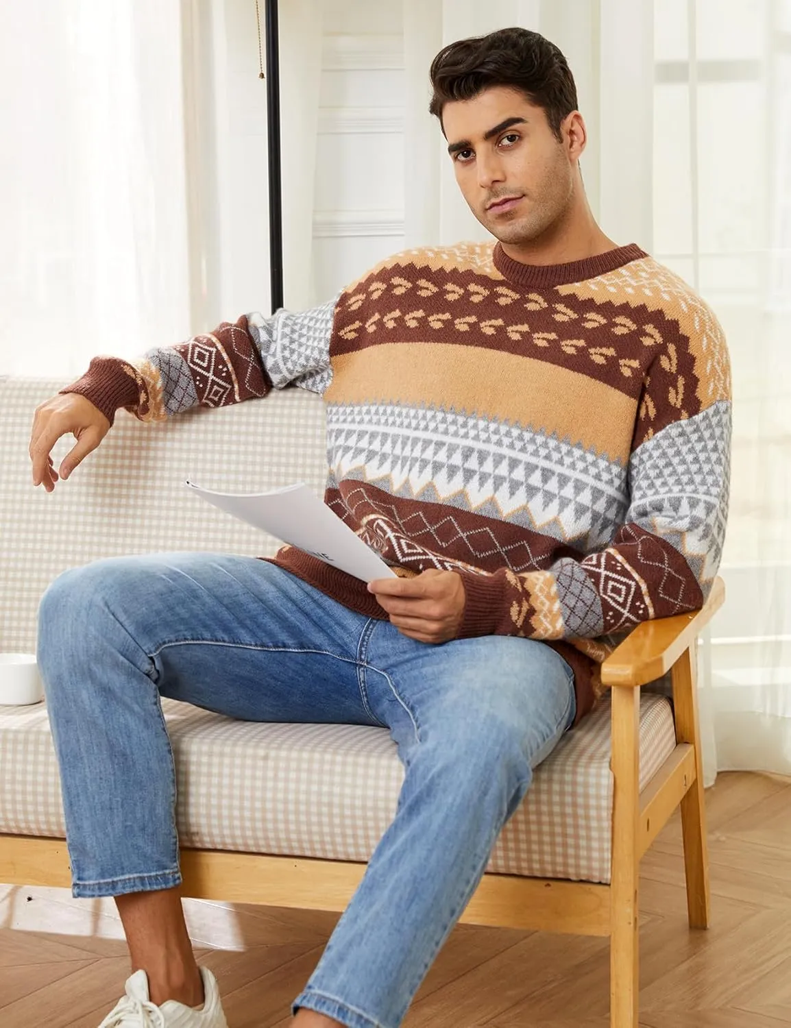 Mens Knit Sweater Grandpa Vintage Knitted Sweaters Oversized Striped Spring Pullover Casual Long Sleeve Pullovers