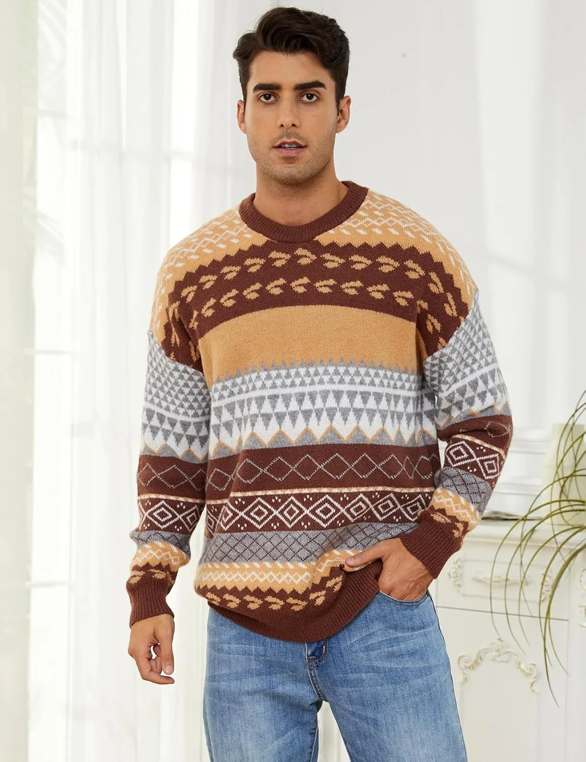 Mens Knit Sweater Grandpa Vintage Knitted Sweaters Oversized Striped Spring Pullover Casual Long Sleeve Pullovers