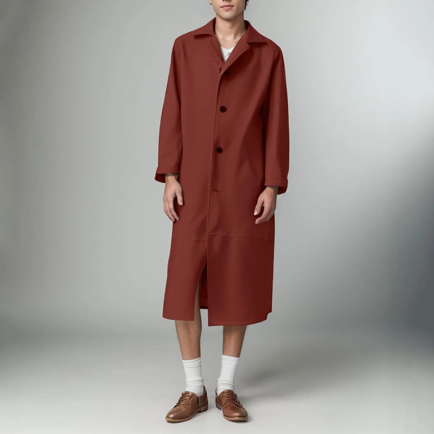 Mens Leather Trench Coat Full Length Black Classic Faux Leather Long Coat Fall & Winter Fashion Outwear Clothes 2024