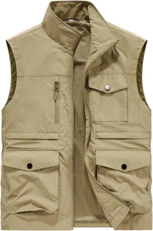 Mens Lightweight Vest Jackets Zip Up Solid Color Vest for Journalist Photographer Loose Fit Comfy Outdoor Jackets