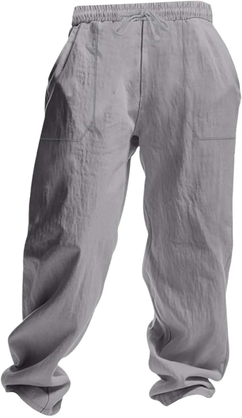 Mens Linen Pants Loose Fit Drawstring Summer Lightweight Straight-Leg Beach Pant Soft Big and Tall Fashion Outfits
