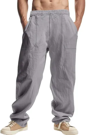 Mens Linen Pants Loose Fit Drawstring Summer Lightweight Straight-Leg Beach Pant Soft Big and Tall Fashion Outfits