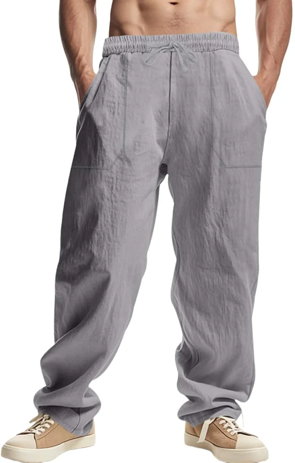 Mens Linen Pants Loose Fit Drawstring Summer Lightweight Straight-Leg Beach Pant Soft Big and Tall Fashion Outfits