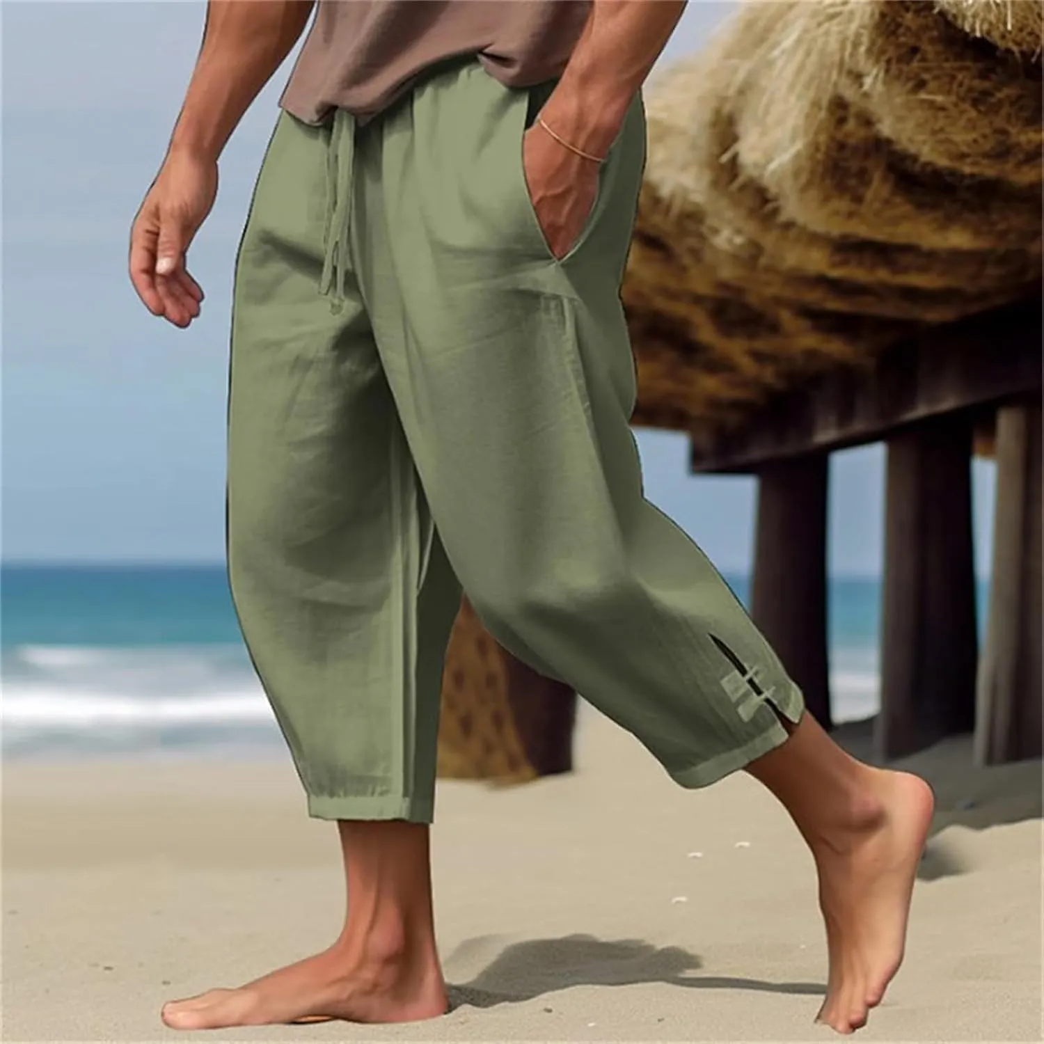 Mens Linen Yoga Pants Harem Capri 3/4 Shorts Sweatpants Jogger Pant Drawstring Elastic Waist Beach Boho Yoga Trousers
