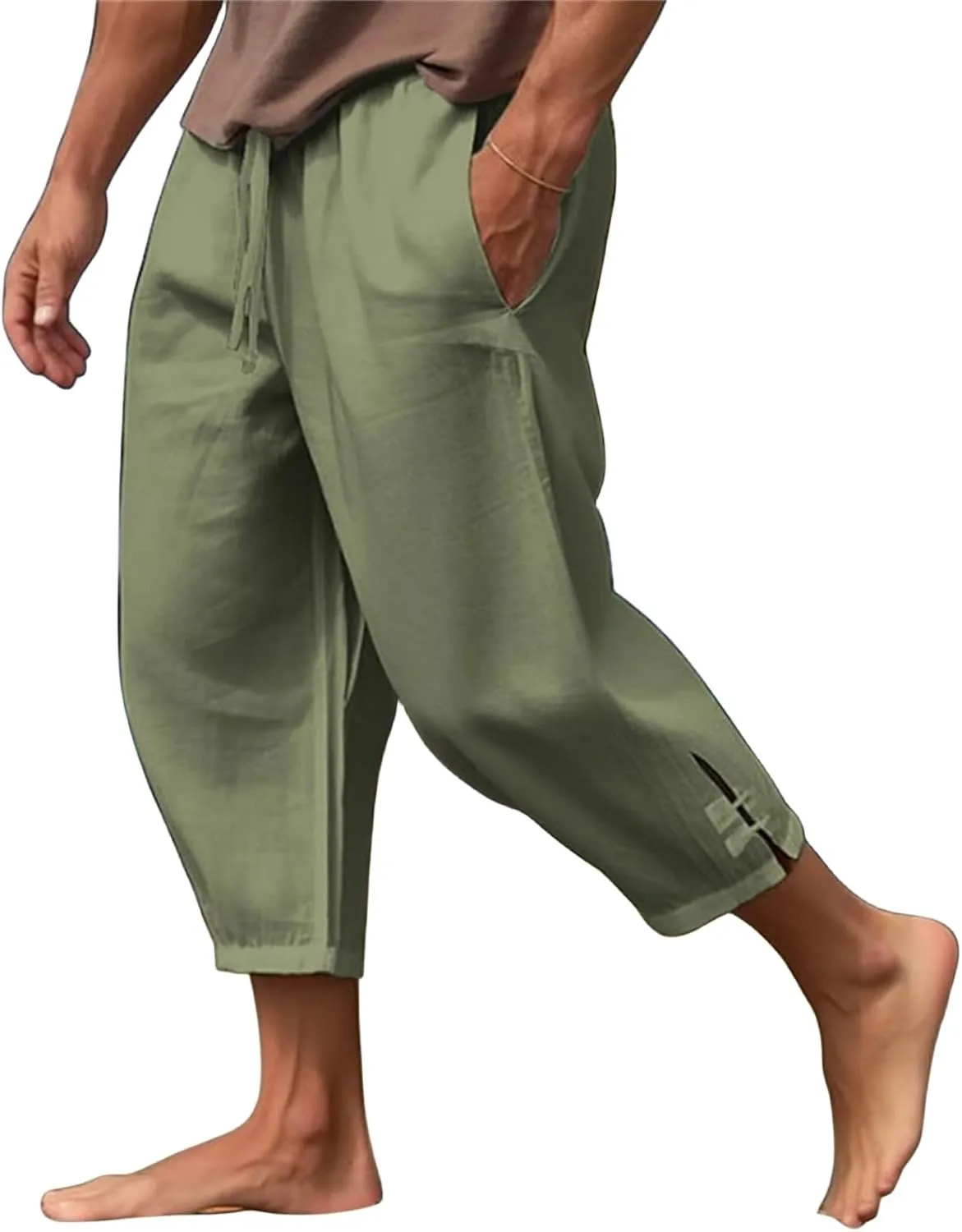 Mens Linen Yoga Pants Harem Capri 3/4 Shorts Sweatpants Jogger Pant Drawstring Elastic Waist Beach Boho Yoga Trousers